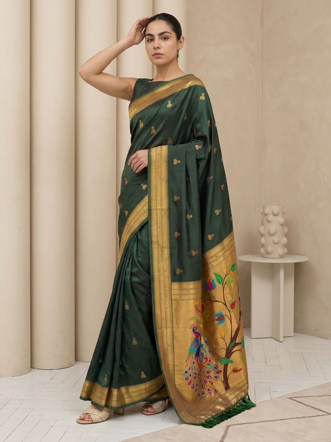 BGreen Paithani Silk Saree with Jhumka Zari Motifs, Meenakari Peacock Pallu and Triple Muniya Border