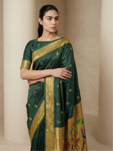 BGreen Paithani Silk Saree with Jhumka Zari Motifs, Meenakari Peacock Pallu and Triple Muniya Border