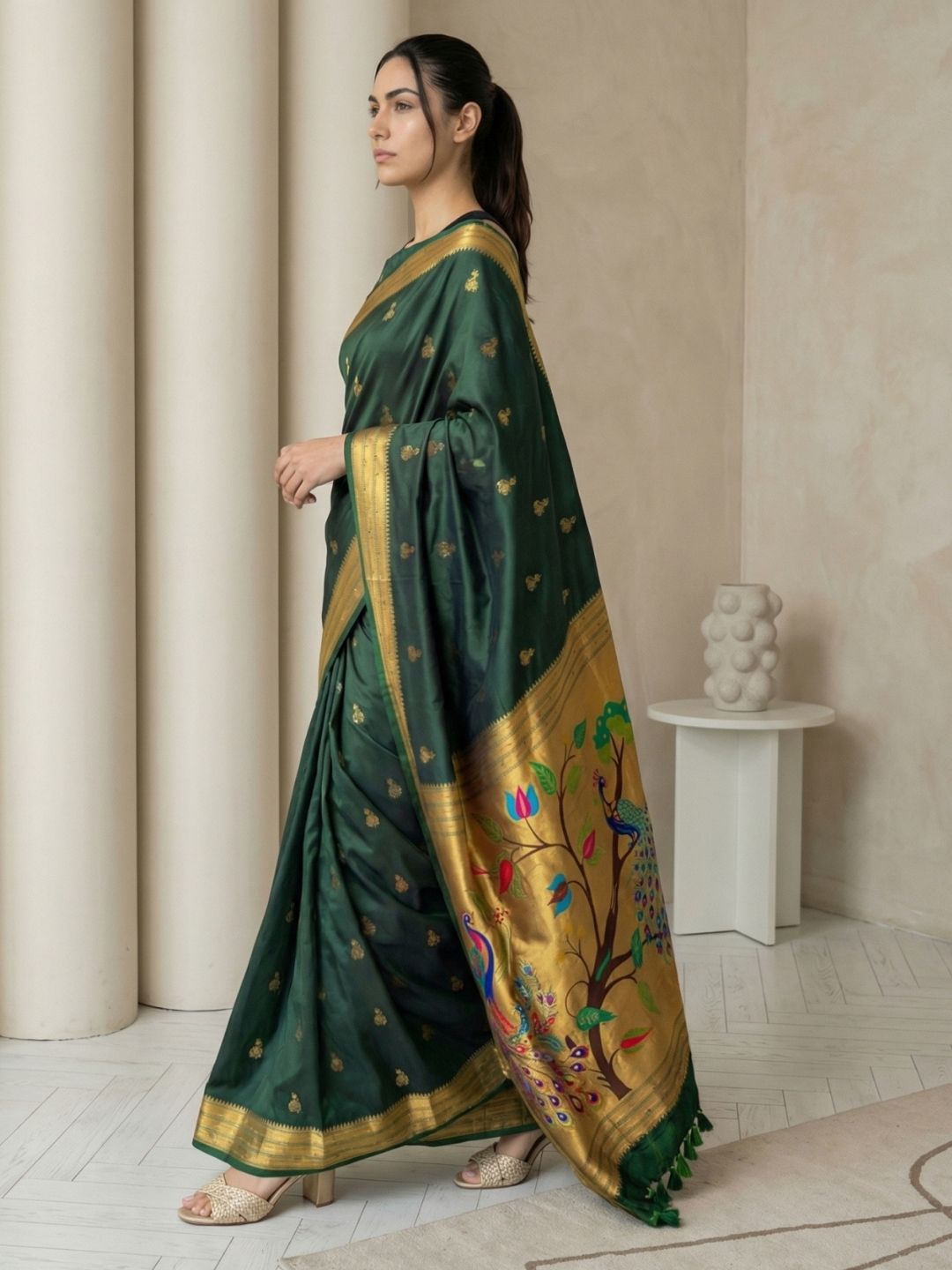 BGreen Paithani Silk Saree with Jhumka Zari Motifs, Meenakari Peacock Pallu and Triple Muniya Border