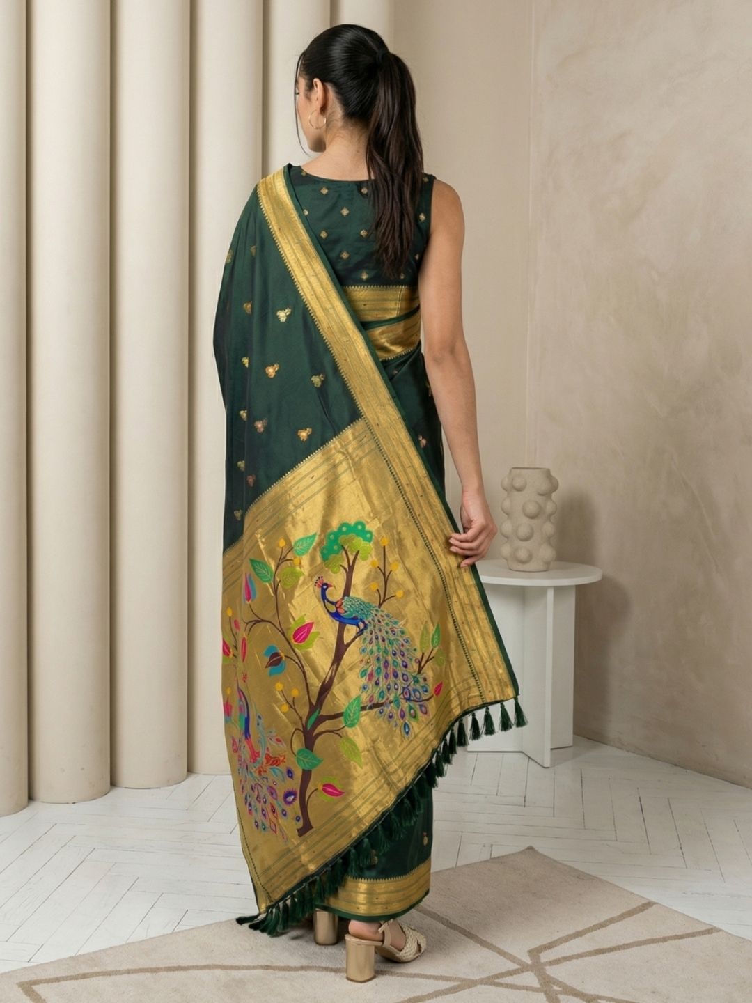 BGreen Paithani Silk Saree with Jhumka Zari Motifs, Meenakari Peacock Pallu and Triple Muniya Border