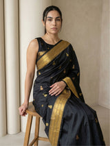 Black Paithani Silk Saree with Jhumka Zari Motifs, Meenakari Peacock Pallu and Triple Muniya Border