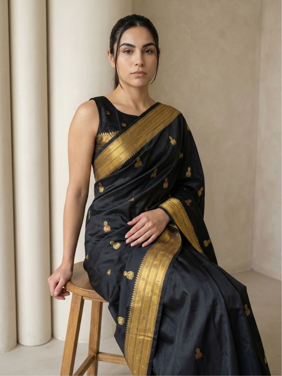 Black Paithani Silk Saree with Jhumka Zari Motifs, Meenakari Peacock Pallu and Triple Muniya Border