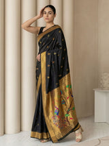 Black Paithani Silk Saree with Jhumka Zari Motifs, Meenakari Peacock Pallu and Triple Muniya Border