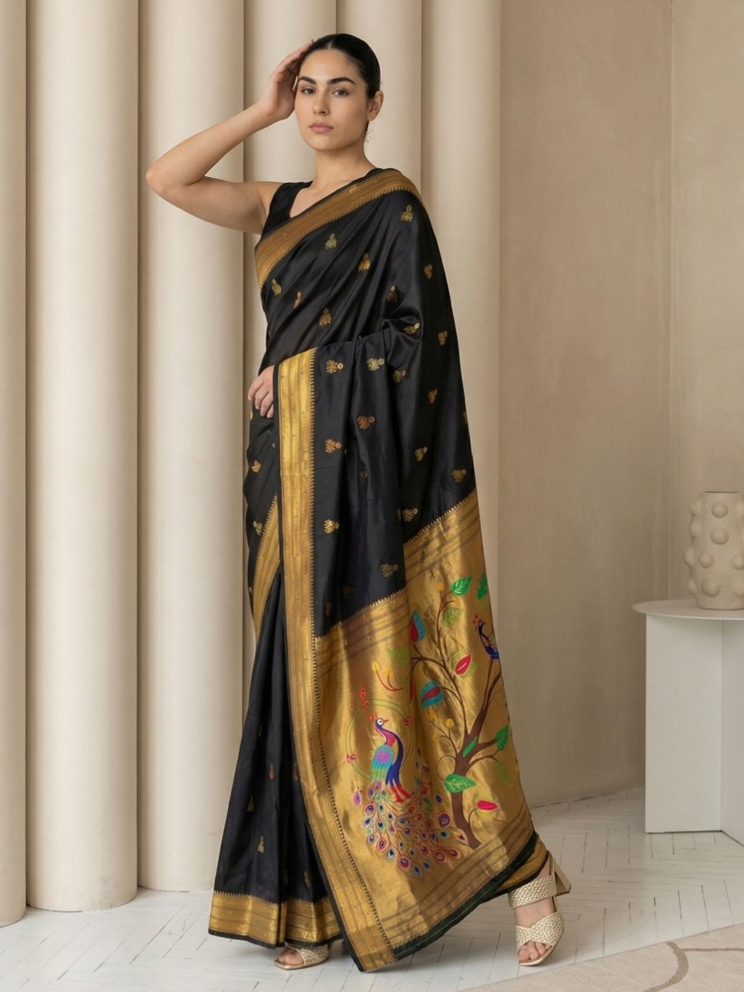 Black Paithani Silk Saree with Jhumka Zari Motifs, Meenakari Peacock Pallu and Triple Muniya Border