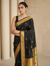 Black Paithani Silk Saree with Jhumka Zari Motifs, Meenakari Peacock Pallu and Triple Muniya Border