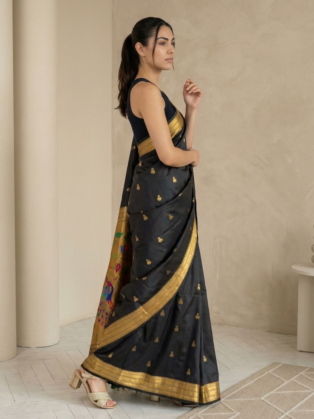Black Paithani Silk Saree with Jhumka Zari Motifs, Meenakari Peacock Pallu and Triple Muniya Border