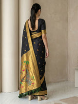 Black Paithani Silk Saree with Jhumka Zari Motifs, Meenakari Peacock Pallu and Triple Muniya Border