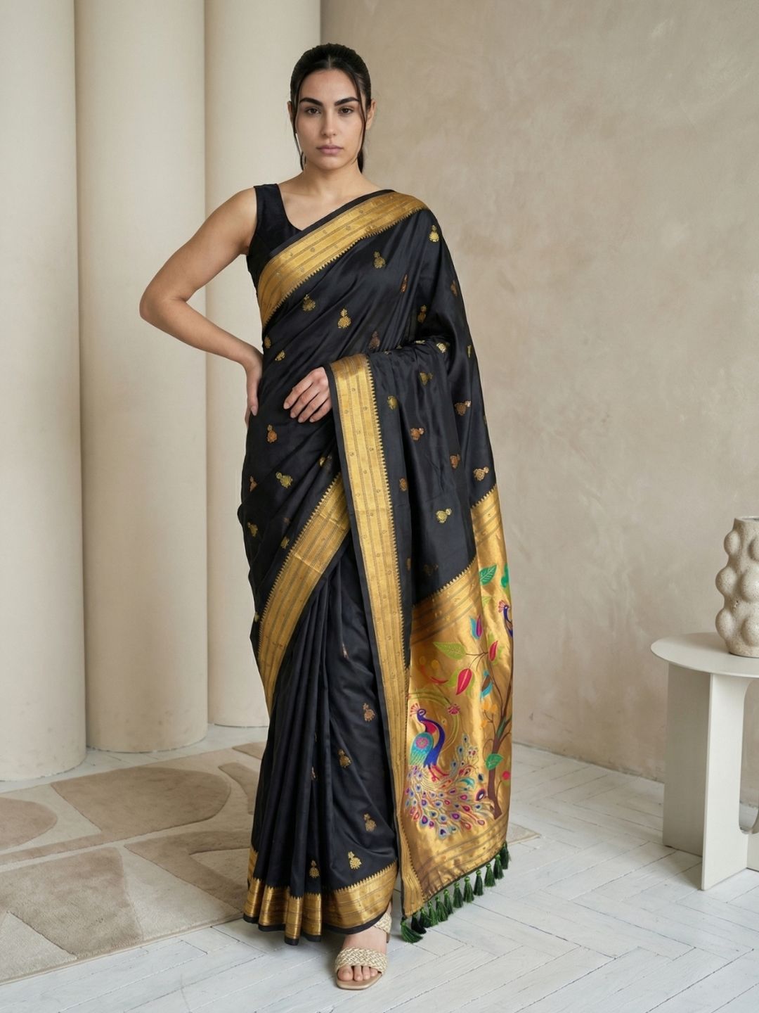Black Paithani Silk Saree with Jhumka Zari Motifs, Meenakari Peacock Pallu and Triple Muniya Border