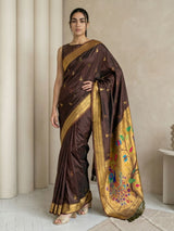 Coffee Paithani Silk Saree with Jhumka Zari Motifs, Meenakari Peacock Pallu and Triple Muniya Border