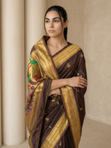 Coffee Paithani Silk Saree with Jhumka Zari Motifs, Meenakari Peacock Pallu and Triple Muniya Border