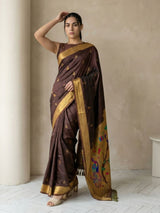 Coffee Paithani Silk Saree with Jhumka Zari Motifs, Meenakari Peacock Pallu and Triple Muniya Border