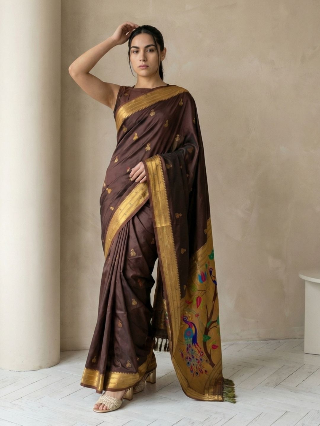 Coffee Paithani Silk Saree with Jhumka Zari Motifs, Meenakari Peacock Pallu and Triple Muniya Border