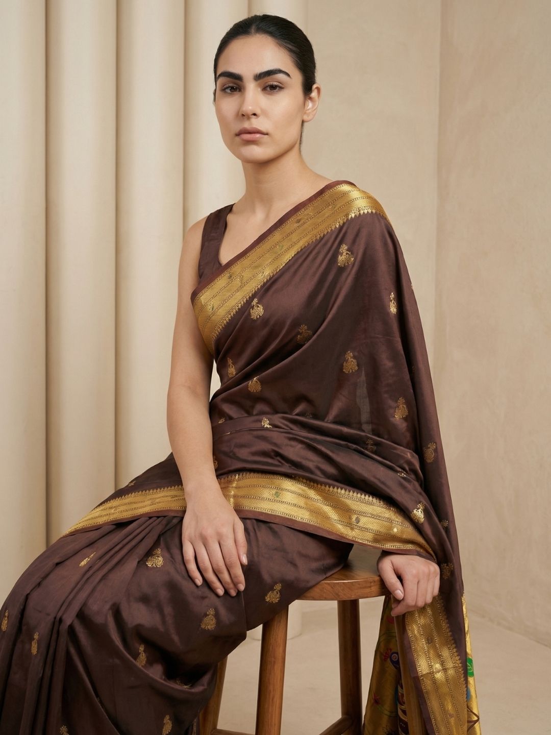 Coffee Paithani Silk Saree with Jhumka Zari Motifs, Meenakari Peacock Pallu and Triple Muniya Border