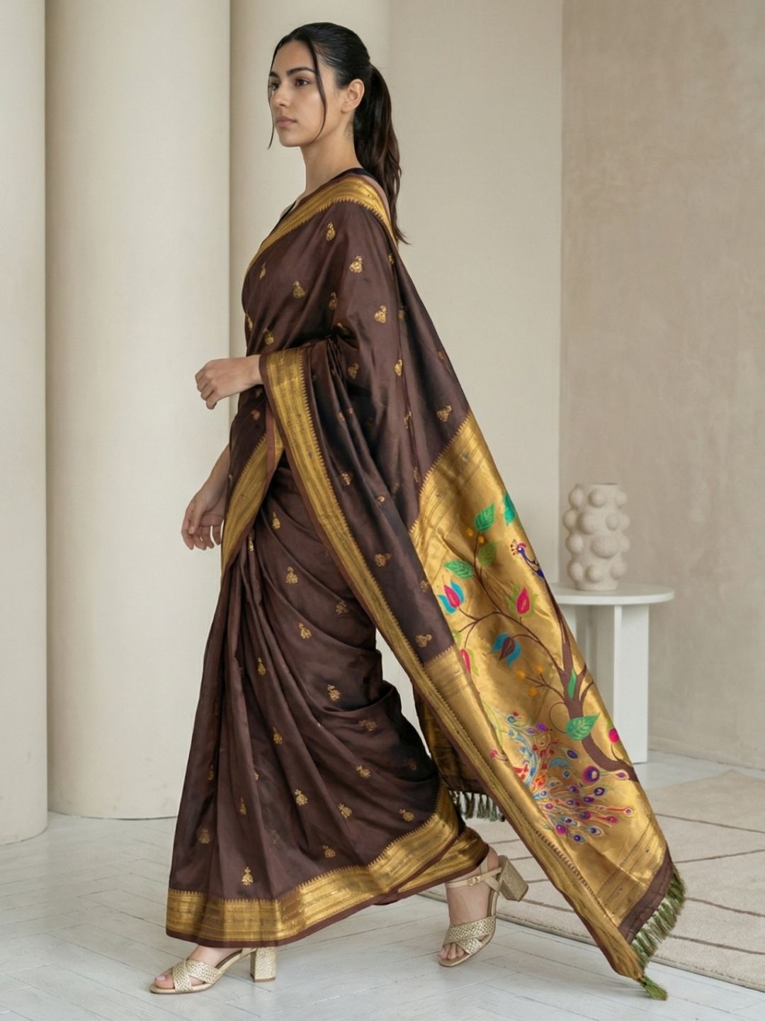 Coffee Paithani Silk Saree with Jhumka Zari Motifs, Meenakari Peacock Pallu and Triple Muniya Border