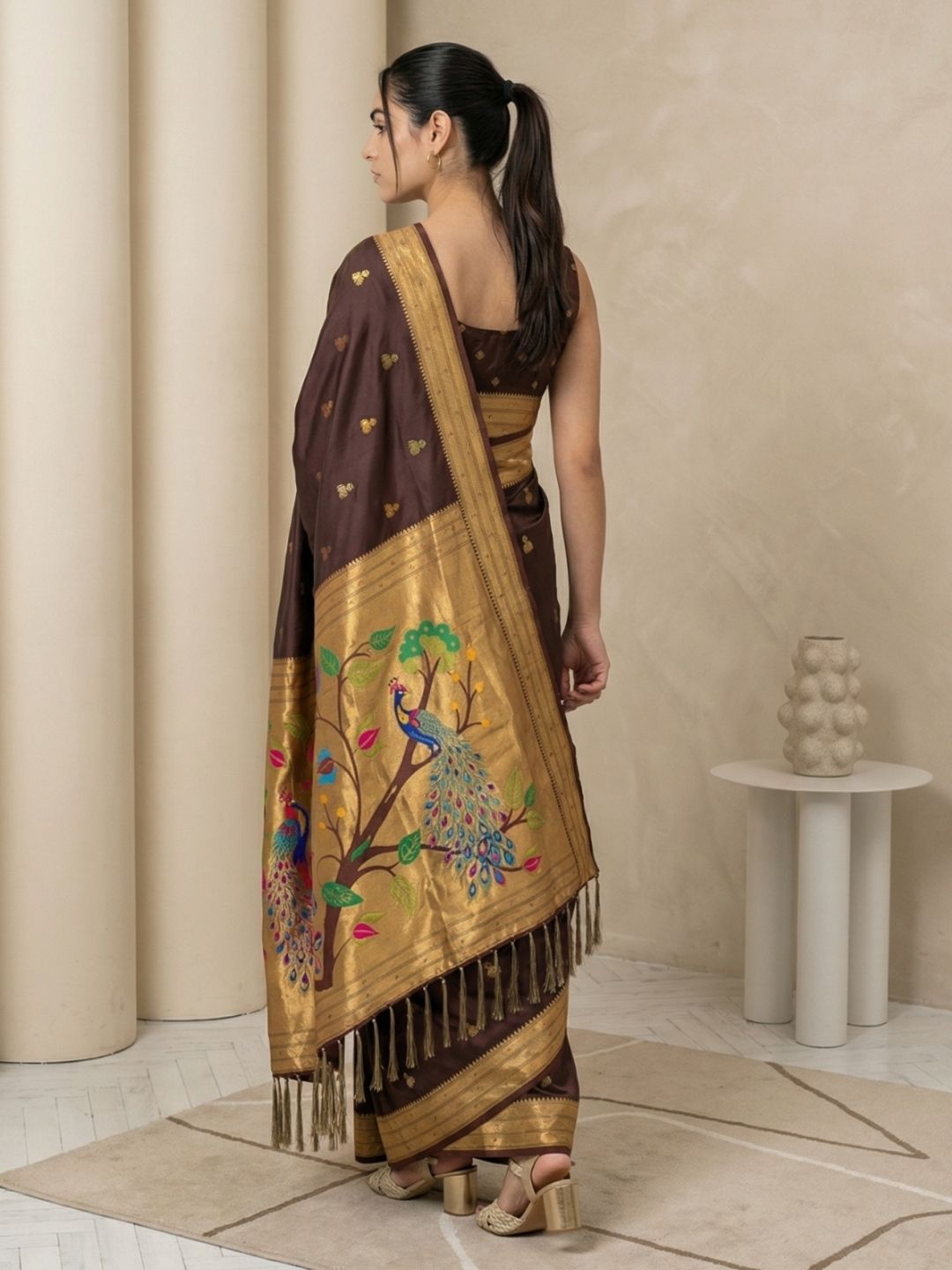 Coffee Paithani Silk Saree with Jhumka Zari Motifs, Meenakari Peacock Pallu and Triple Muniya Border