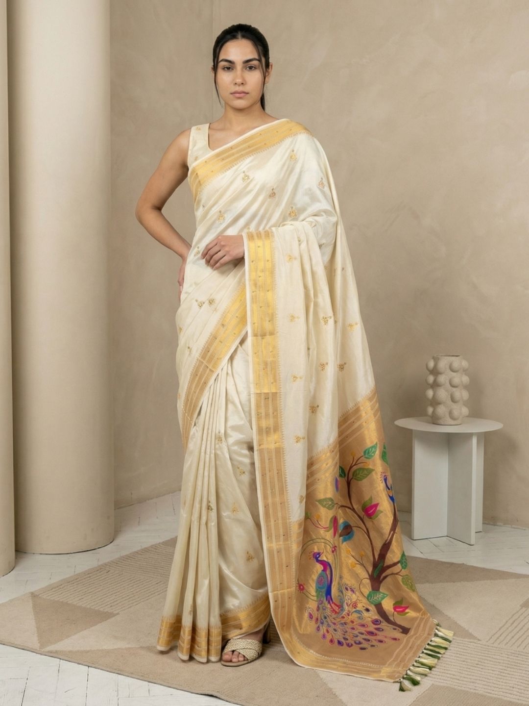 Cream Paithani Silk Saree with Jhumka Zari Motifs, Meenakari Peacock Pallu and Triple Muniya Border