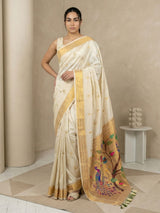 Cream Paithani Silk Saree with Jhumka Zari Motifs, Meenakari Peacock Pallu and Triple Muniya Border