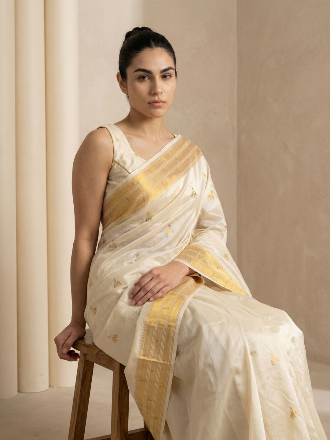 Cream Paithani Silk Saree with Jhumka Zari Motifs, Meenakari Peacock Pallu and Triple Muniya Border