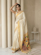 Cream Paithani Silk Saree with Jhumka Zari Motifs, Meenakari Peacock Pallu and Triple Muniya Border