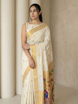 Cream Paithani Silk Saree with Jhumka Zari Motifs, Meenakari Peacock Pallu and Triple Muniya Border