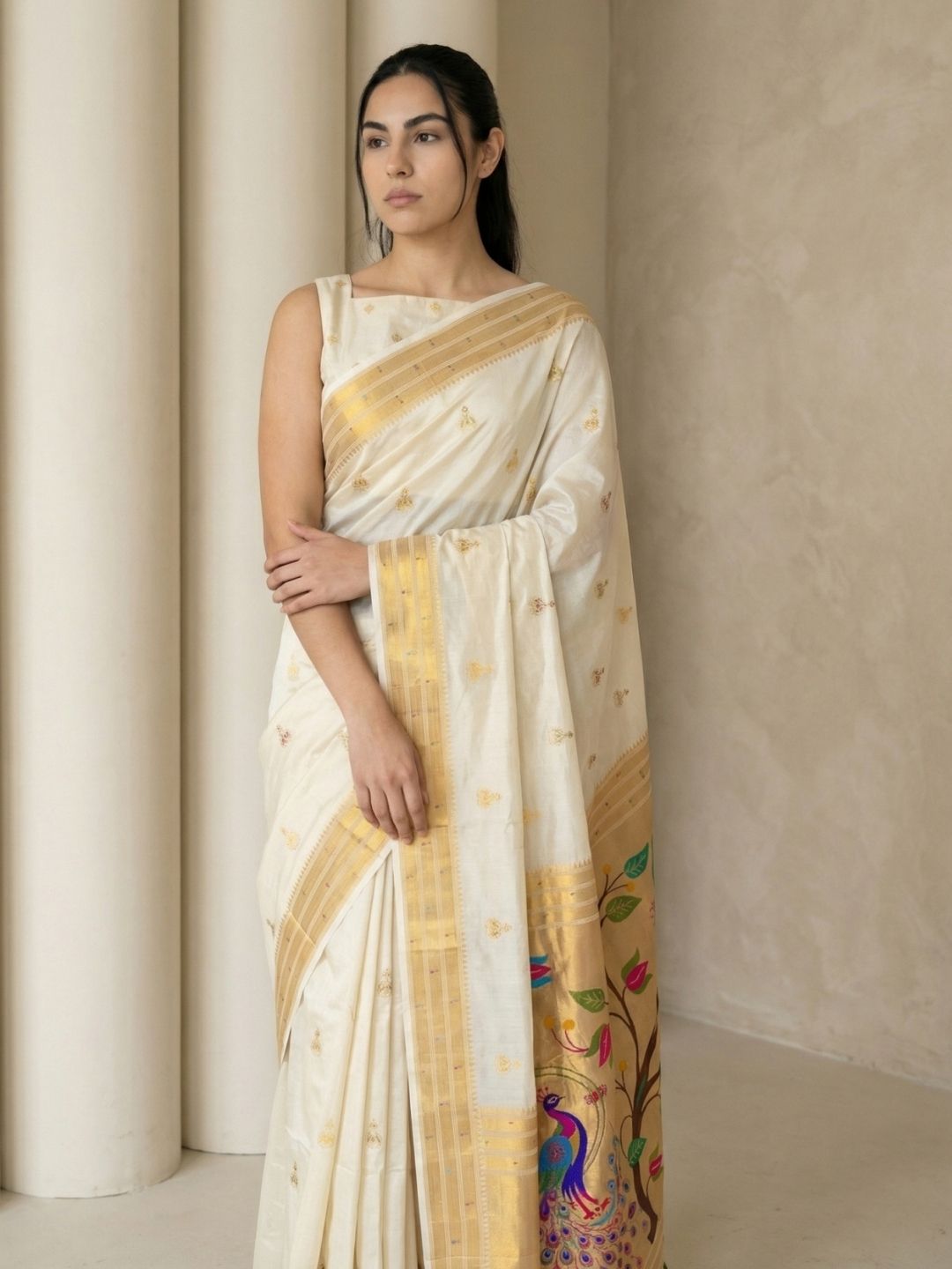 Cream Paithani Silk Saree with Jhumka Zari Motifs, Meenakari Peacock Pallu and Triple Muniya Border