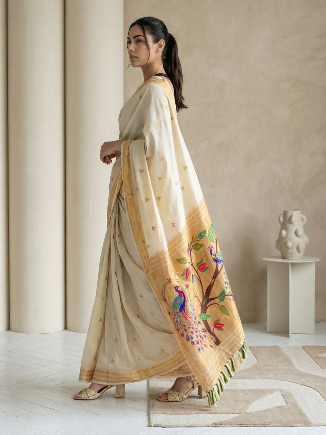 Cream Paithani Silk Saree with Jhumka Zari Motifs, Meenakari Peacock Pallu and Triple Muniya Border