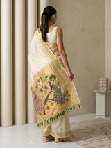 Cream Paithani Silk Saree with Jhumka Zari Motifs, Meenakari Peacock Pallu and Triple Muniya Border