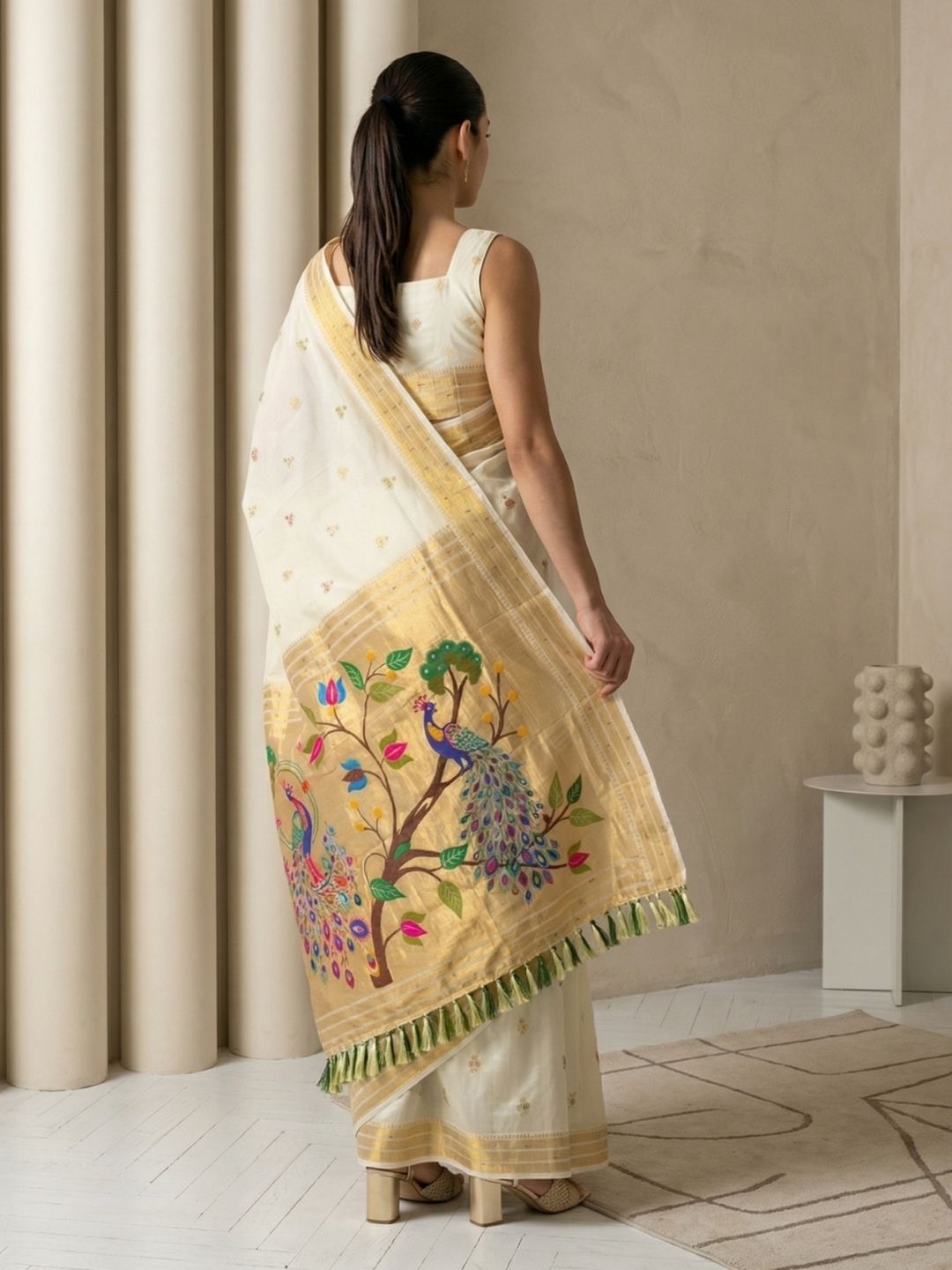 Cream Paithani Silk Saree with Jhumka Zari Motifs, Meenakari Peacock Pallu and Triple Muniya Border