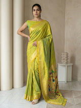 Mehendi Paithani Silk Saree with Jhumka Zari Motifs, Meenakari Peacock Pallu and Triple Muniya Border