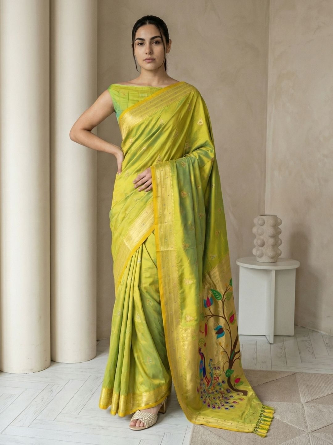 Mehendi Paithani Silk Saree with Jhumka Zari Motifs, Meenakari Peacock Pallu and Triple Muniya Border