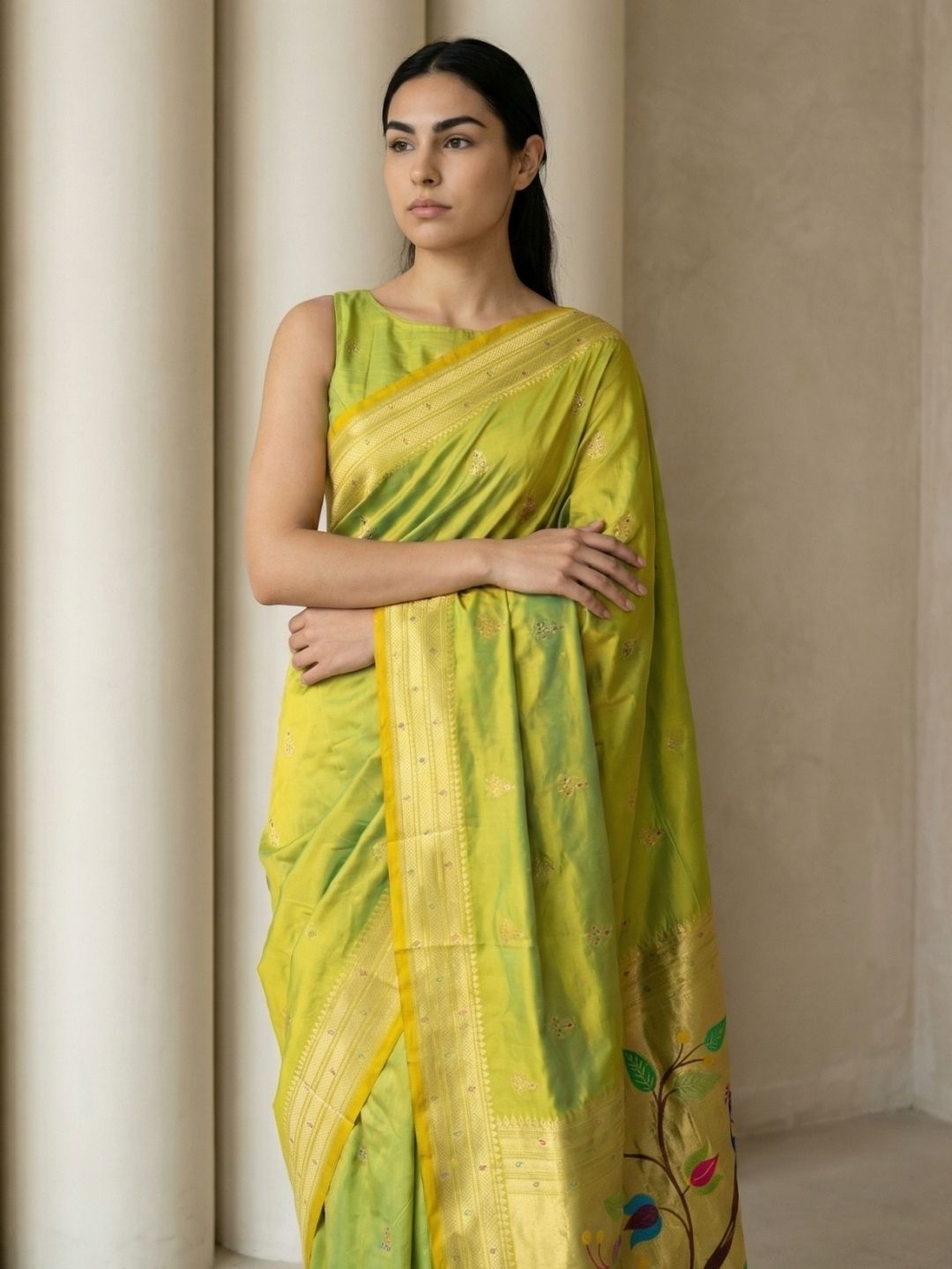 Mehendi Paithani Silk Saree with Jhumka Zari Motifs, Meenakari Peacock Pallu and Triple Muniya Border