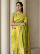 Mehendi Paithani Silk Saree with Jhumka Zari Motifs, Meenakari Peacock Pallu and Triple Muniya Border