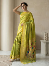Mehendi Paithani Silk Saree with Jhumka Zari Motifs, Meenakari Peacock Pallu and Triple Muniya Border