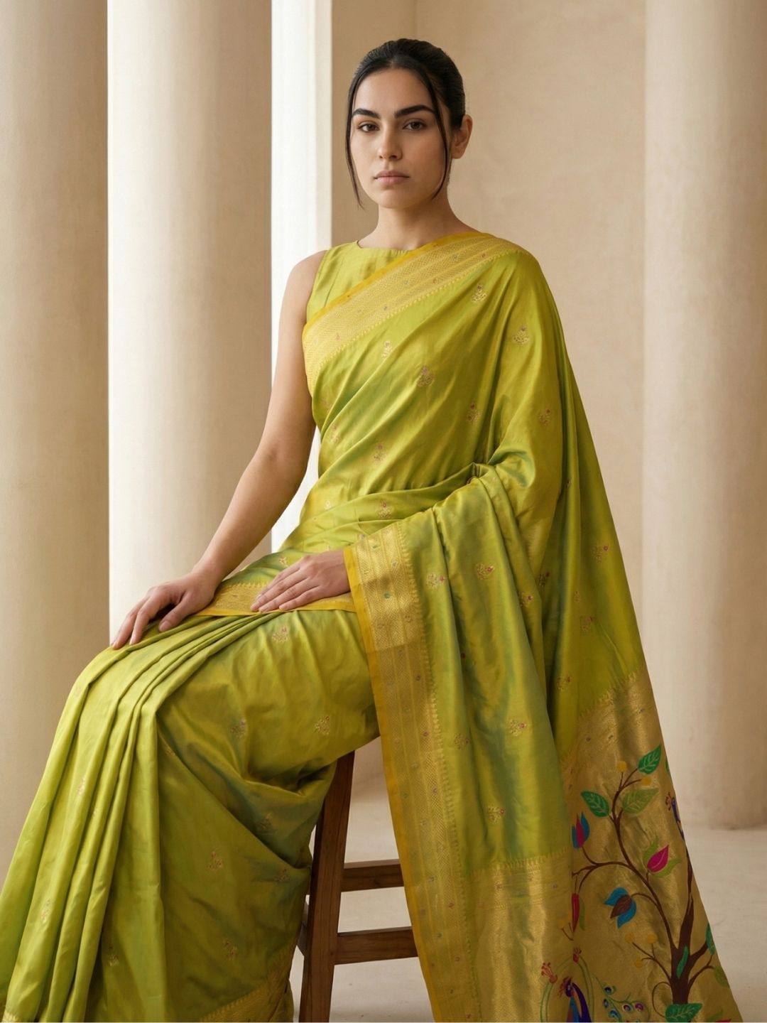 Mehendi Paithani Silk Saree with Jhumka Zari Motifs, Meenakari Peacock Pallu and Triple Muniya Border