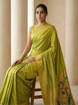 Mehendi Paithani Silk Saree with Jhumka Zari Motifs, Meenakari Peacock Pallu and Triple Muniya Border