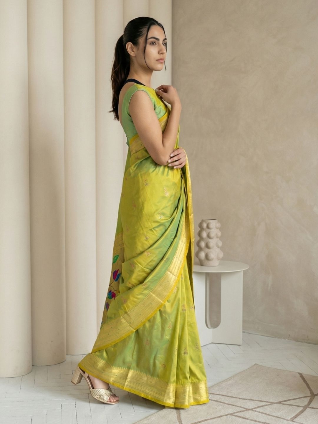 Mehendi Paithani Silk Saree with Jhumka Zari Motifs, Meenakari Peacock Pallu and Triple Muniya Border