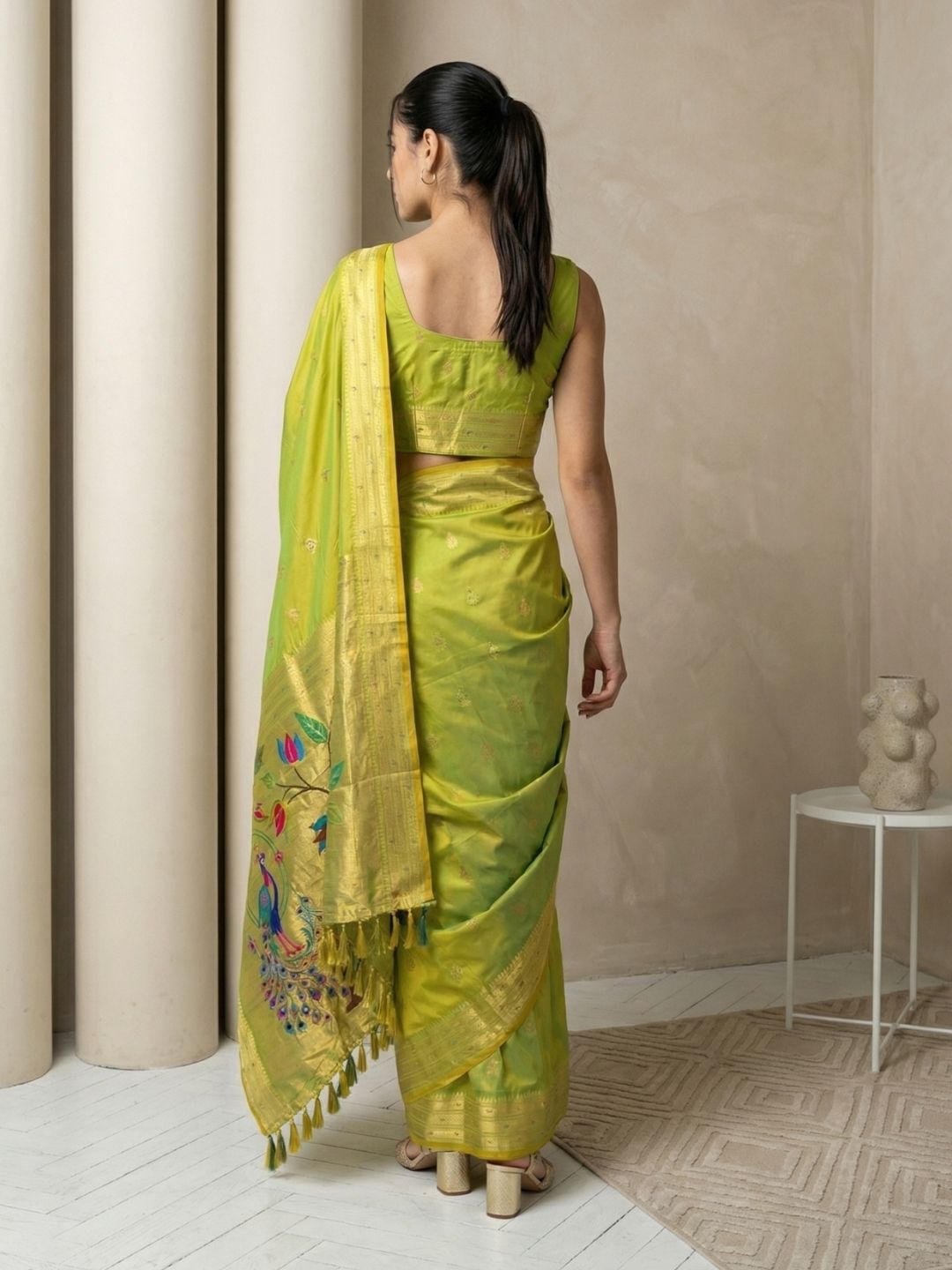 Mehendi Paithani Silk Saree with Jhumka Zari Motifs, Meenakari Peacock Pallu and Triple Muniya Border