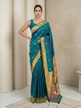PGreen Paithani Silk Saree with Jhumka Zari Motifs, Meenakari Peacock Pallu and Triple Muniya Border
