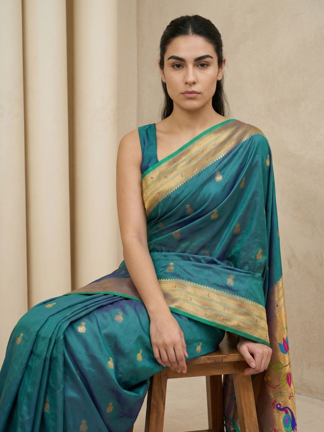 PGreen Paithani Silk Saree with Jhumka Zari Motifs, Meenakari Peacock Pallu and Triple Muniya Border