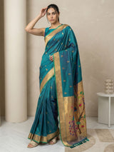 PGreen Paithani Silk Saree with Jhumka Zari Motifs, Meenakari Peacock Pallu and Triple Muniya Border