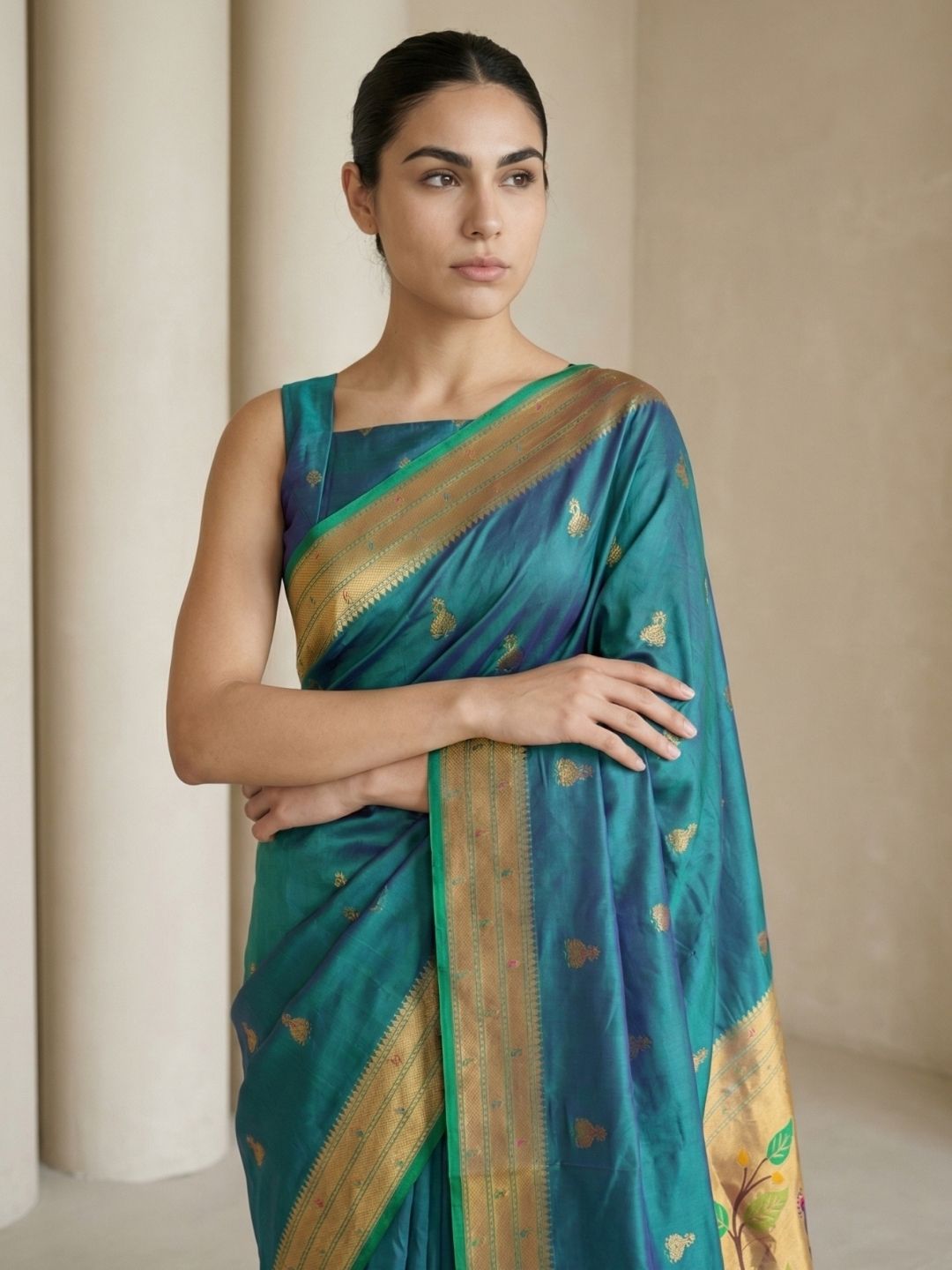 PGreen Paithani Silk Saree with Jhumka Zari Motifs, Meenakari Peacock Pallu and Triple Muniya Border