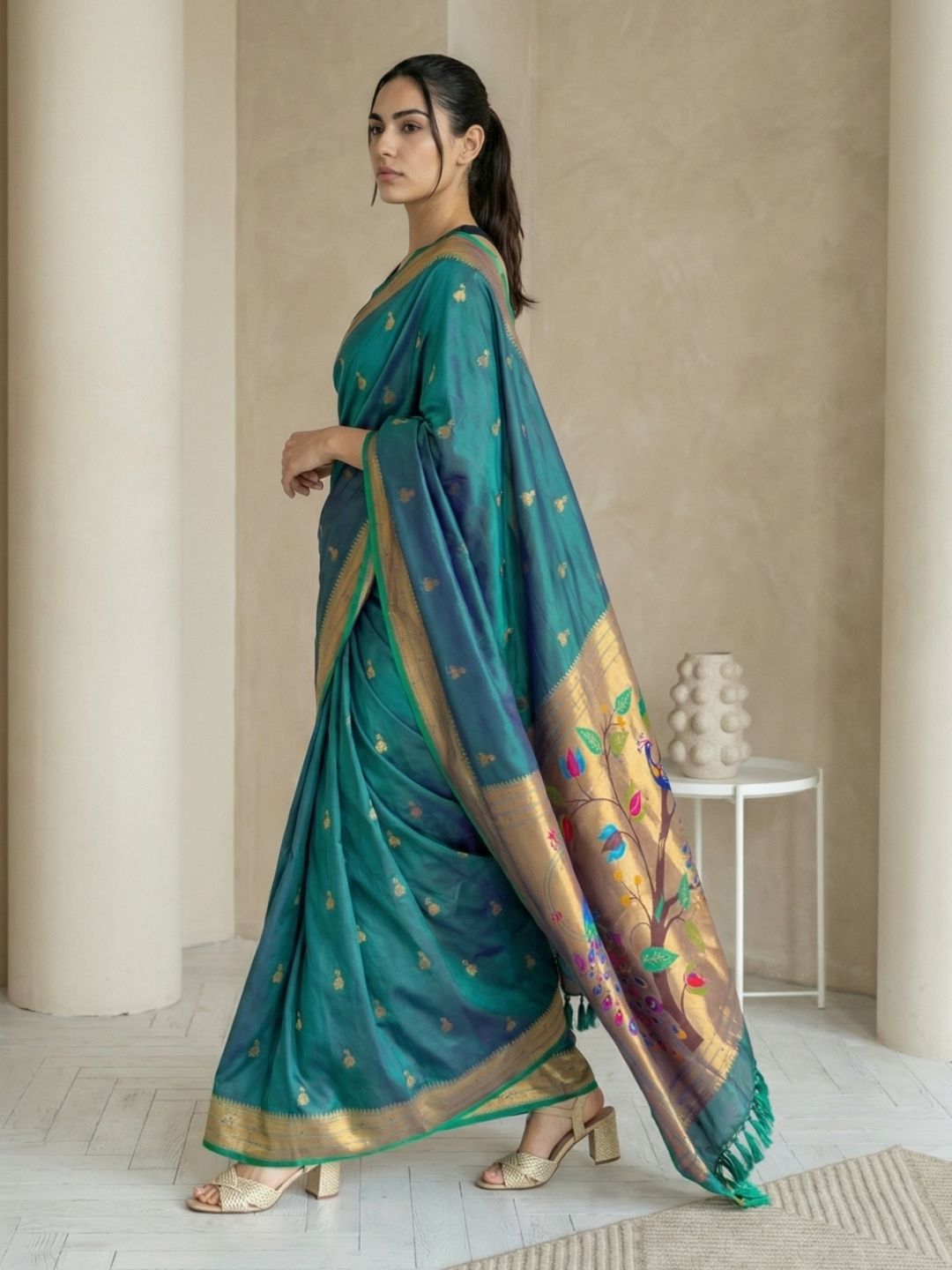 PGreen Paithani Silk Saree with Jhumka Zari Motifs, Meenakari Peacock Pallu and Triple Muniya Border