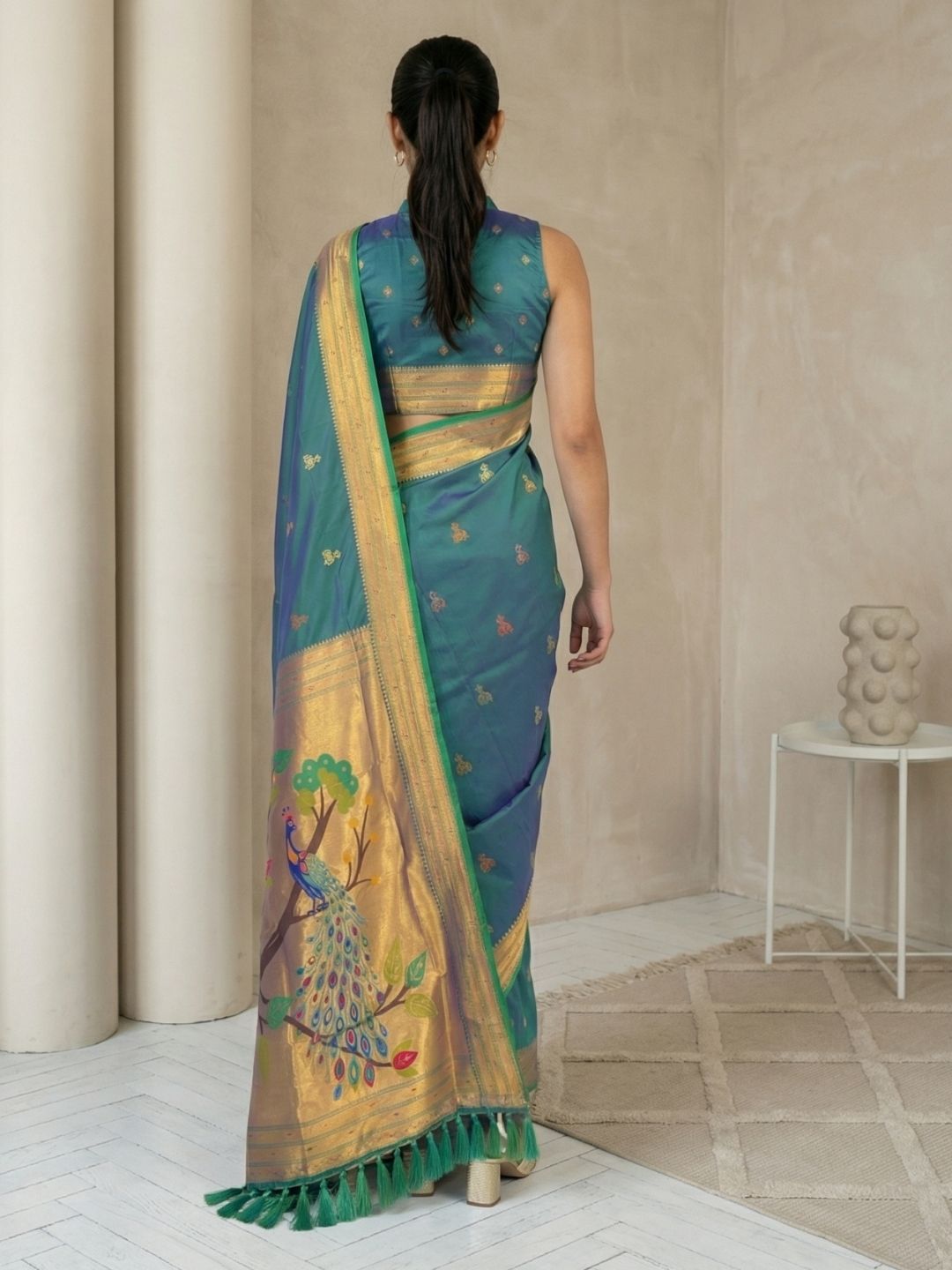 PGreen Paithani Silk Saree with Jhumka Zari Motifs, Meenakari Peacock Pallu and Triple Muniya Border