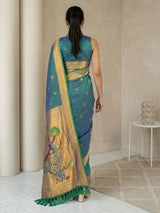 PGreen Paithani Silk Saree with Jhumka Zari Motifs, Meenakari Peacock Pallu and Triple Muniya Border