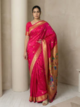 Pink Paithani Silk Saree with Jhumka Zari Motifs, Meenakari Peacock Pallu and Triple Muniya Border