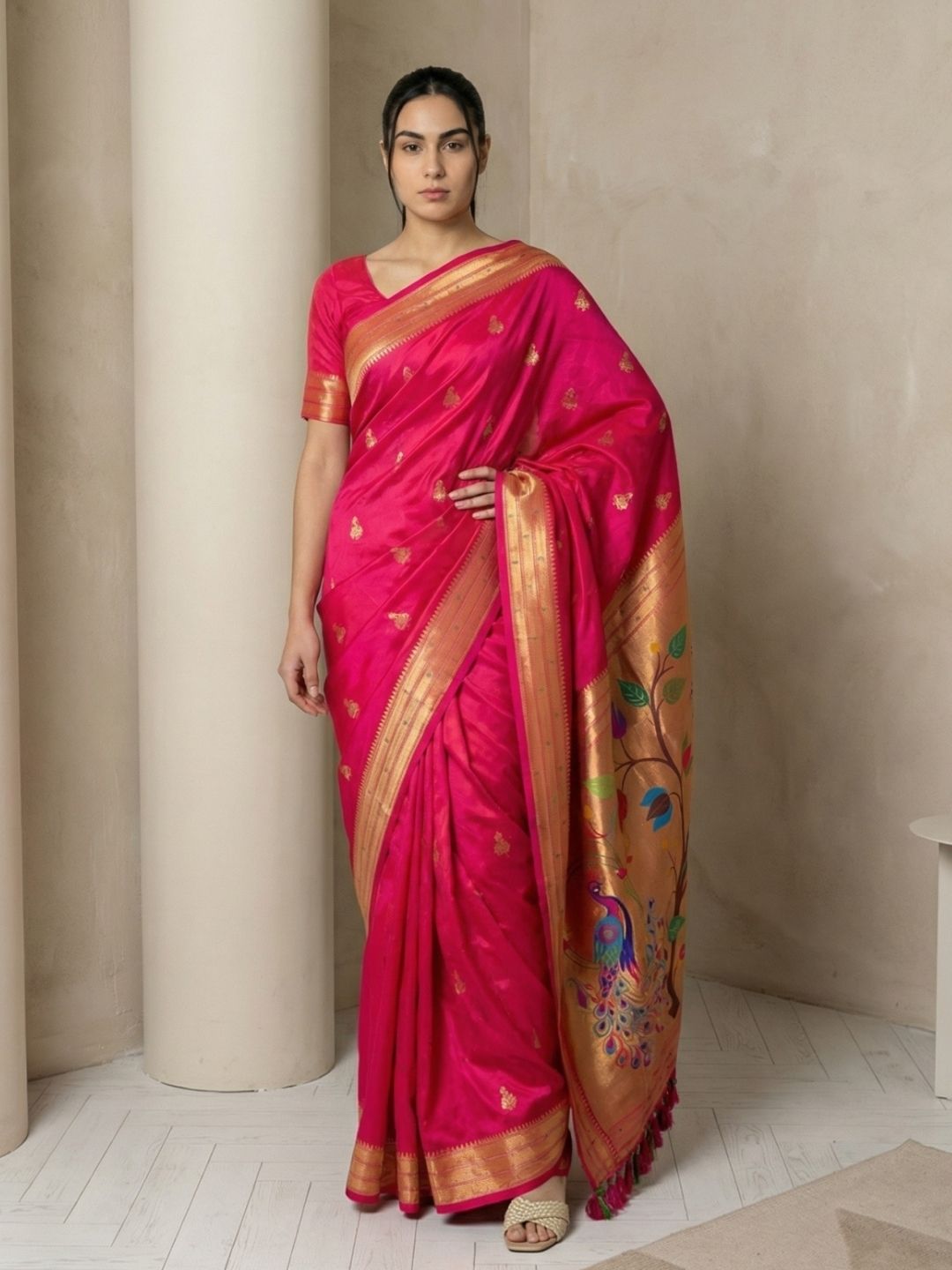 Pink Paithani Silk Saree with Jhumka Zari Motifs, Meenakari Peacock Pallu and Triple Muniya Border