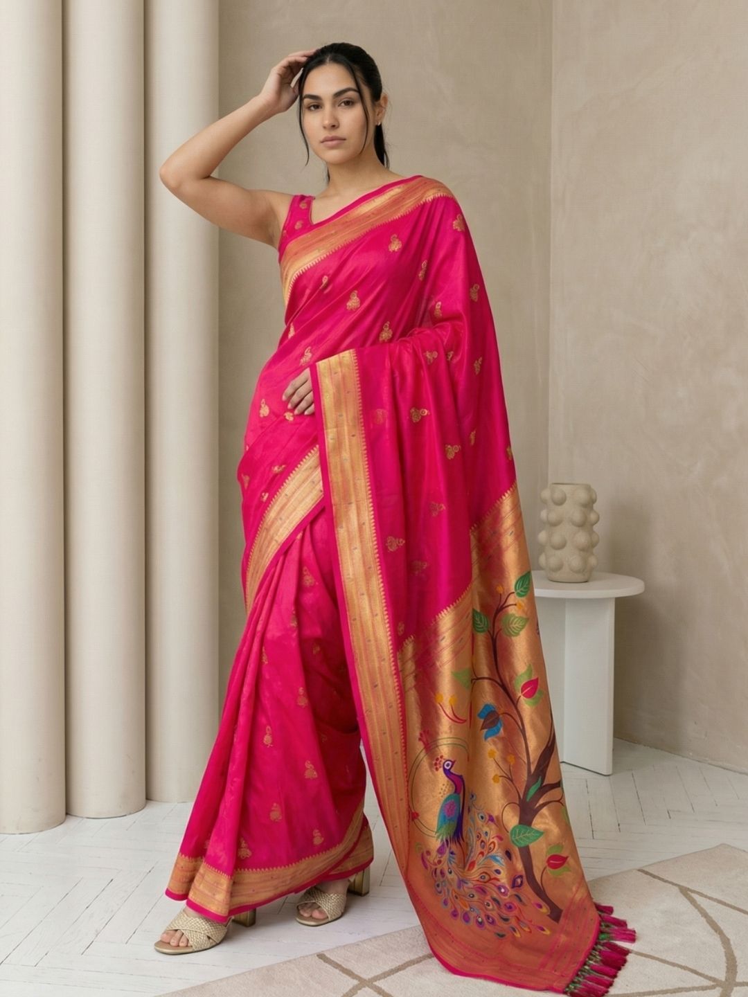 Pink Paithani Silk Saree with Jhumka Zari Motifs, Meenakari Peacock Pallu and Triple Muniya Border