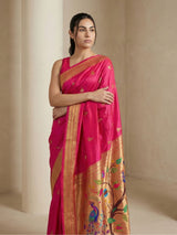 Pink Paithani Silk Saree with Jhumka Zari Motifs, Meenakari Peacock Pallu and Triple Muniya Border