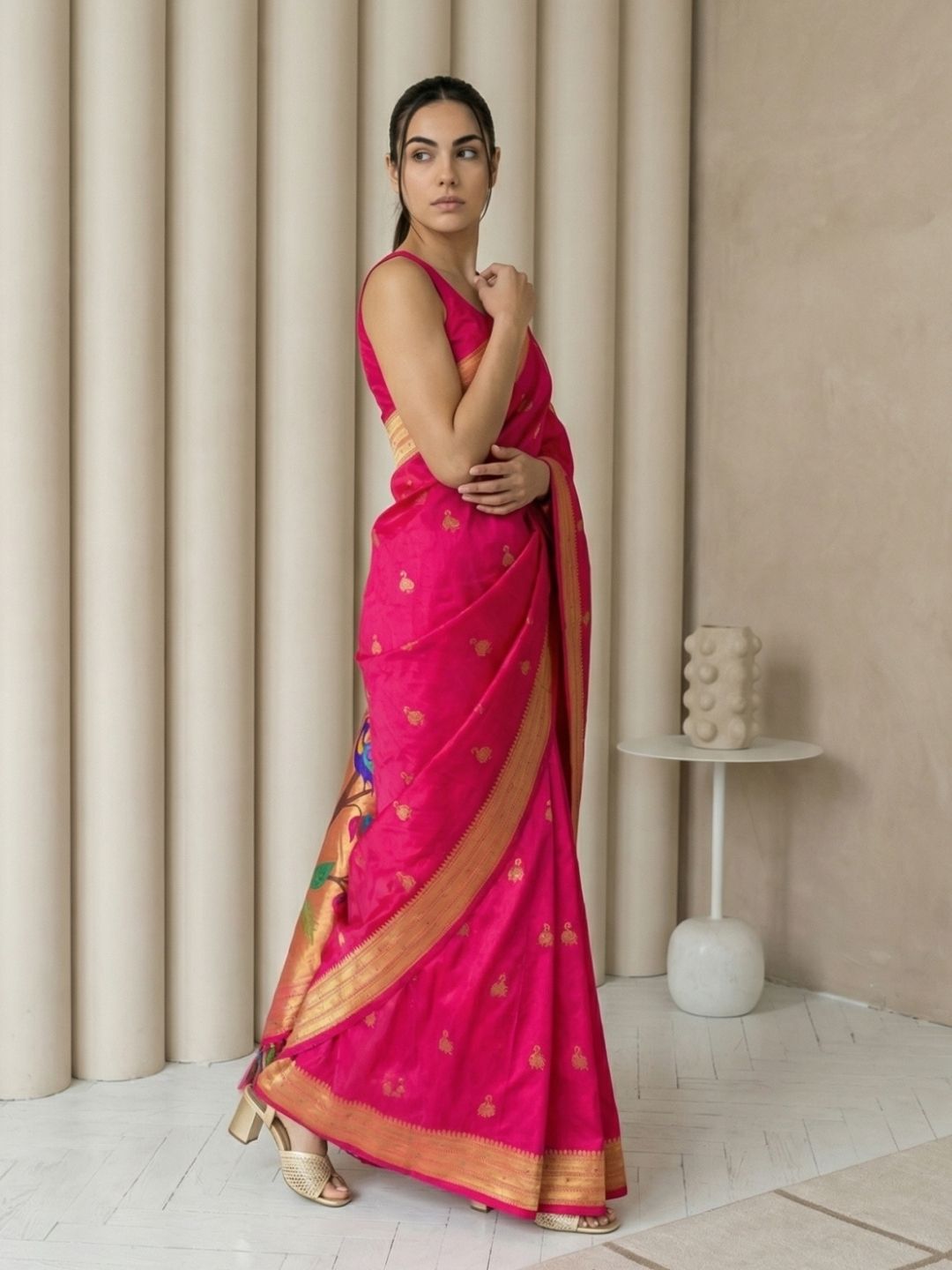 Pink Paithani Silk Saree with Jhumka Zari Motifs, Meenakari Peacock Pallu and Triple Muniya Border