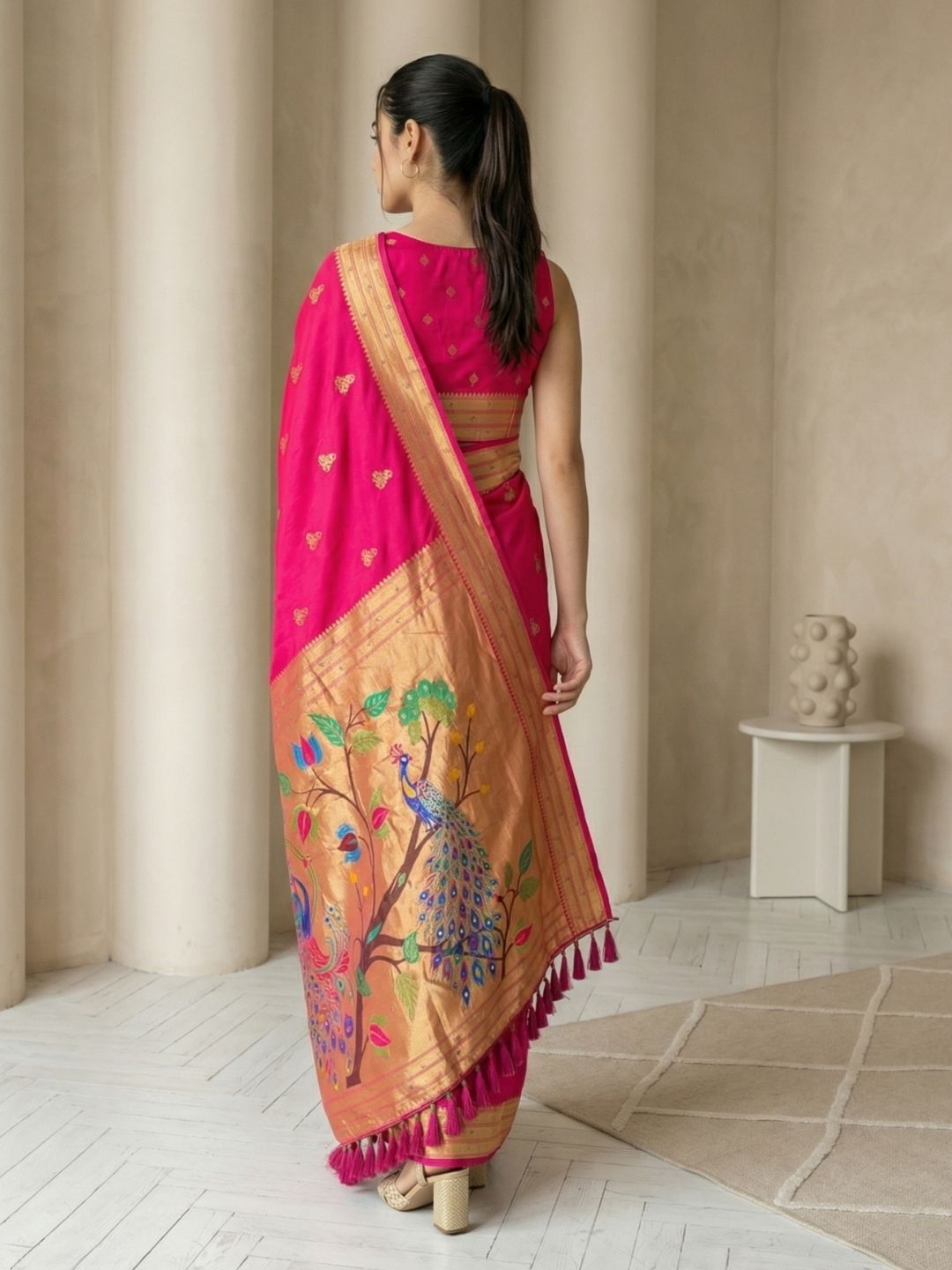Pink Paithani Silk Saree with Jhumka Zari Motifs, Meenakari Peacock Pallu and Triple Muniya Border